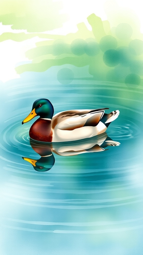 Watercolor painting of a duck on a pond with soft colors and gentle brush strokes.
